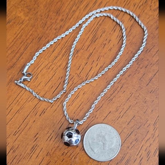 Stainless Steel Silver Twisted Rope Chain Soccer Ball Pendant Necklace 17.5" - Picture 7 of 8
